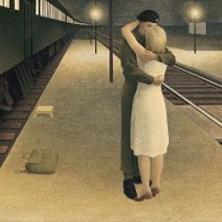 painting of a woman with a white dress, embracing a soldier in uniform, while standing on the platform beside a train