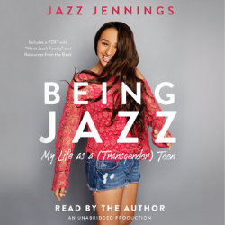 Book cover of Being Jazz shows a young woman with long brown hair in a pink top and jean shorts. The title Being Jazz is superimposed in white across her body. 