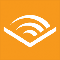Audible logo. Against a light orange background there is a graphic image representing an open book with 3 arcs above it representing sound