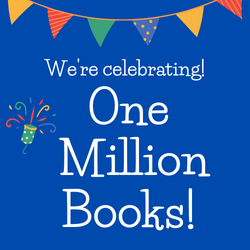 Against a bright blue backgound is the text "We're celebrating! One Million Books!"  At the top of the image is a colourful bunting made of triangles, and beside the text on the left of a confetti popper shooting confetti. e