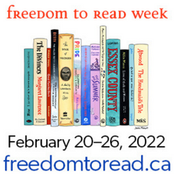Poster for Freedom to Read. In the center is a row off books lined up as though they are on a shelf. Above it says Freedom to Read Week in red text. Below it says February 20-26, 2022 freedomtoread.ca