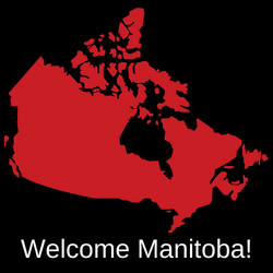 A solid red map of Canada appears against a black background. Below in white text are the words Welcome Manitoba!