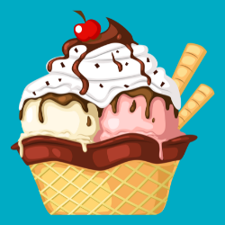 Illustration of ice cream in a waffle style bowl with whipped cream, chocolate sauce and sprinkles, with a cherry on top. The dessert looks like a cupcake. 
