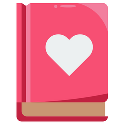 illustration of a pink hardcover book with a white heart illustrated on the front cover. 