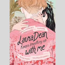 book cover for Laura Dean Keeps Breaking Up With Me. An illustration of a young couple embracing. One is standing with their back facing the reader wearing a pink jacket with the book's title appearing on the back of the jacket.
