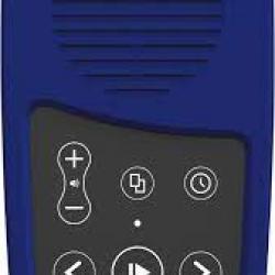 Envoy Connect is a blue hand held device about the size and shape of a deck of cards. On the top is a round speaker and on the bottom are simple buttons and navigation arrows. 