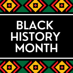 The text Black History Month appears in white against a black background bordered by a red, green and yellow Kente cloth design. 