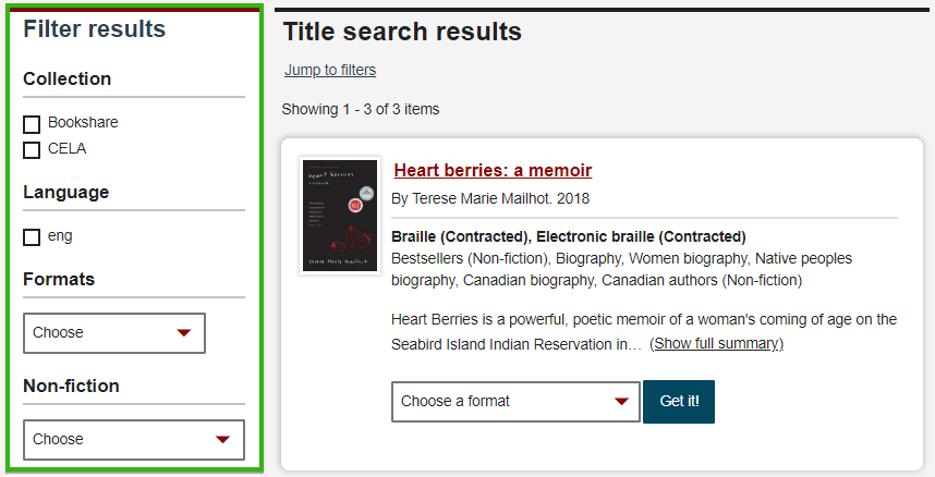 CELA Title search results screen with the Filter Results section highlighted in green to the left