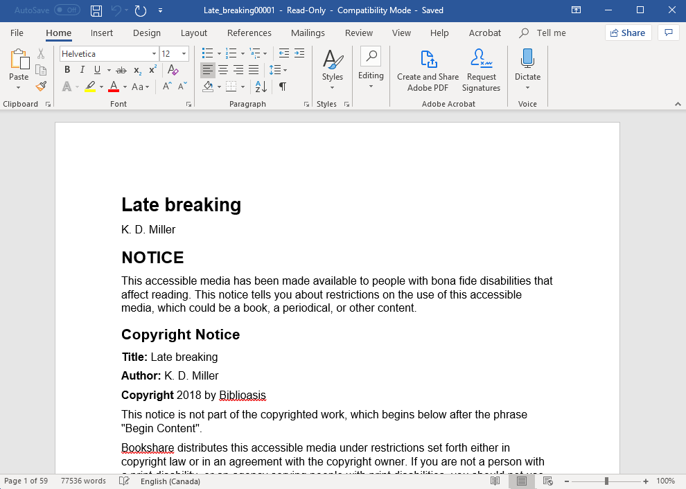 A Microsoft Word file showing the text of the book Late Breaking by K.D. Miller