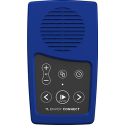 The blue Envoy Connect audiobook player has a round speaker on the top portion of the face of the device and six buttons below. 