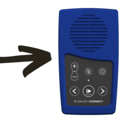 An arrow pointing to the right at an Envoy Connect device. It is a blue and black rectangular device with 6 buttons in the bottom half of the device and the round speaker on the top half. 