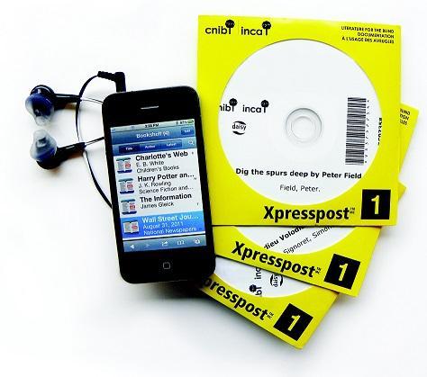 An iphone and earbuds next to a stack of DAISY CDs in bright yellow CELA packaging