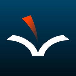 Voice dream reader logo - an open white book with a red page sticking out against a blue background