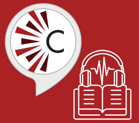 Une bulle de dialogue contenant le logo du CAÉB à droite d'un graphique représentant les livres audio sur un fond rouge foncé.