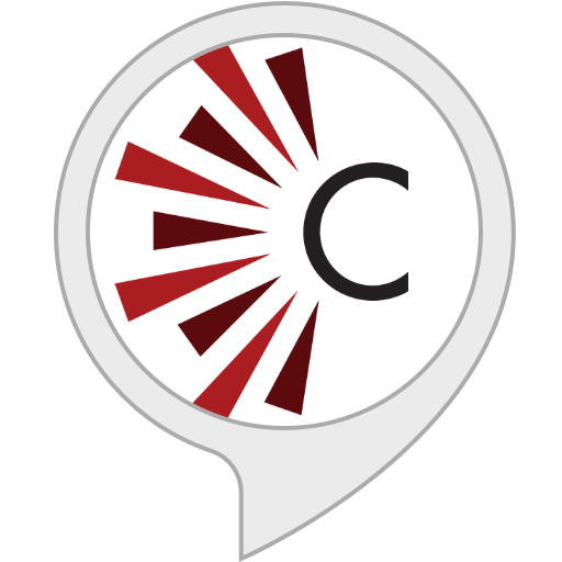 Logo de la Skill de Lecture Accessible Canada. Le logo représente une bulle grise contenant un cercle blanc, ornée d'une lettre majuscule « C ». À gauche de la lettre « C », un motif en forme de soleil composé de triangles rouge foncé et marron s'étend de la lettre « C » vers la gauche du cercle blanc. L'ensemble du logo est encadré par une bordure circulaire gris pâle, qui s'étend jusqu'à la bulle.