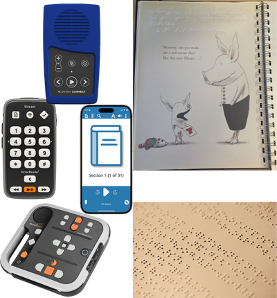 Collage of images of Envoy Connect, Victor Stream, iPhone with EasyReader app open on it, Victor Stratus, a printbraille book and a page of embossed braille.