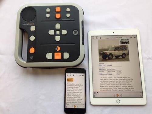 A DAISY player, a tablet and a smartphone.