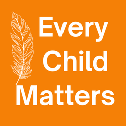Every Child Matters text appears beside a white feather against an orange background