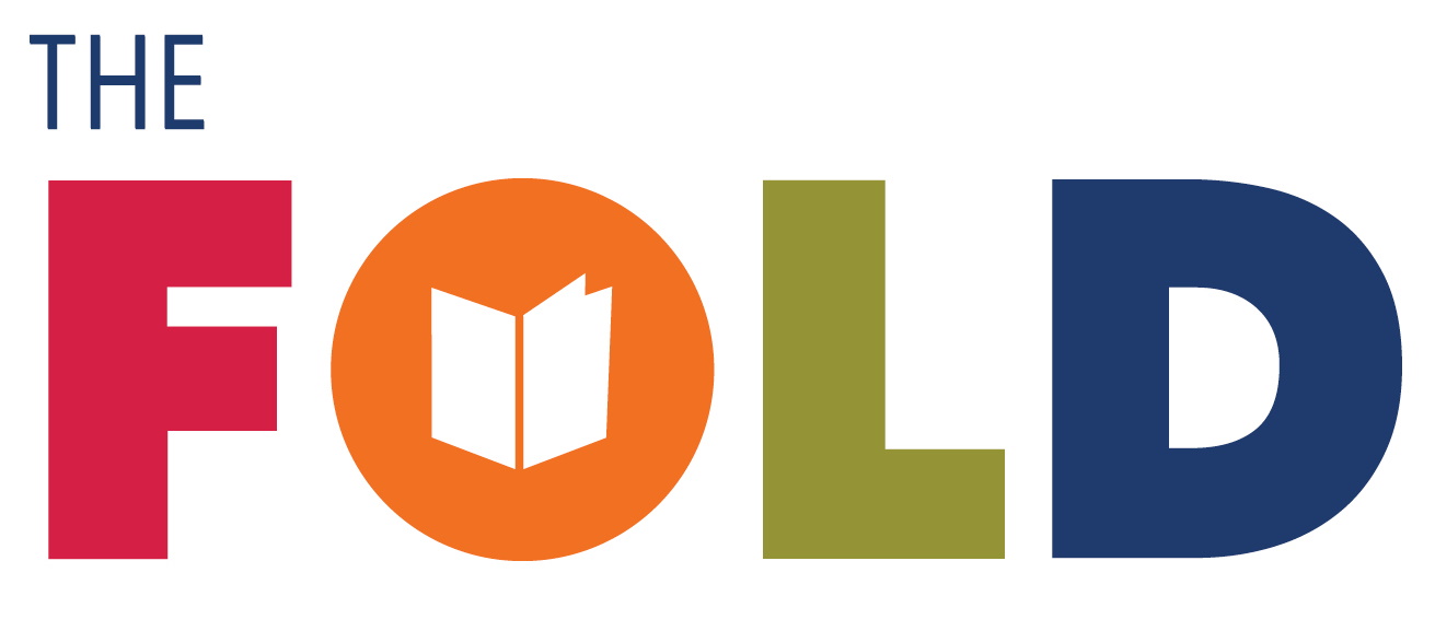 The Festival of Literary Diversity Logo: the words "The FOLD" written in upper-case with the letters of Fold in red, orange, green and blue and a graphic of an open book in the middle of the O.