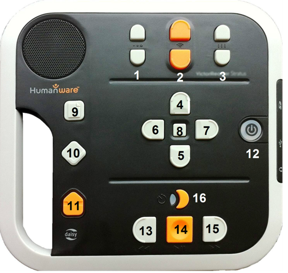 Lecteur DAISY Victor Stratus4 M avec étiquettes des touches. Consultez la section suivante, « Description du Stratus4 M », pour une description des touches et de leurs fonctions.