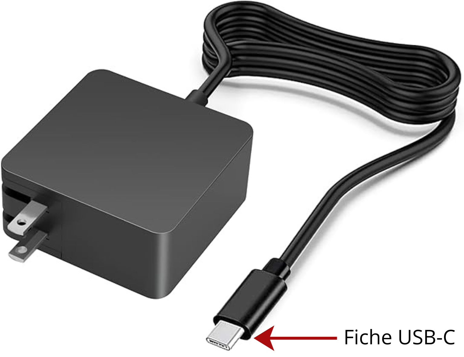 Chargeur mural avec un câble USB-C intégré et d'une fiche à son extrémité.