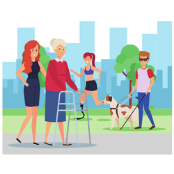 An illustration of a group of people walking on a city street. From left to right is a young woman assisting a woman using a walker, a jogger with a prosthetic leg and a person with a guide dog and a cane.
