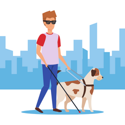 illustration of a blind person carrying a cane and using a guide dog as in a harness. They are waling along a city street.