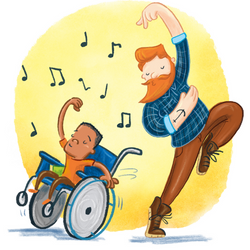  Un garçon en fauteuil roulant et un homme dansent. Ils sont entourés de notes de musique.