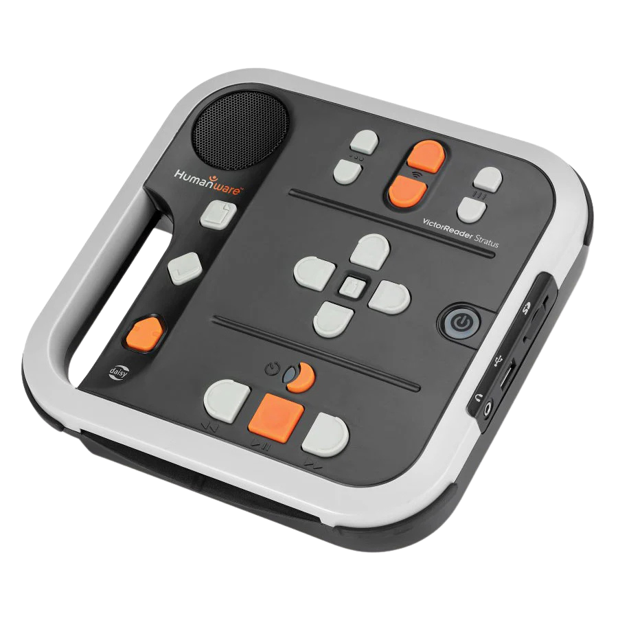 Victor Stratus player: table top player with large play buttons.