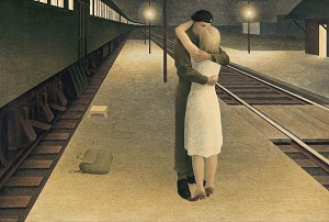 painting of a woman with a white dress, embracing a soldier in uniform, while standing on the platform beside a train