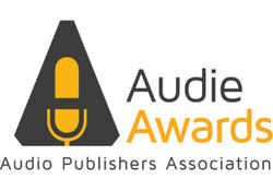 Logo for the Audie Awards shows a black triangle with a yellow microphone inside. The words Audie Awards appear on the right and Audio Publishers Association appear below the black triangle.
