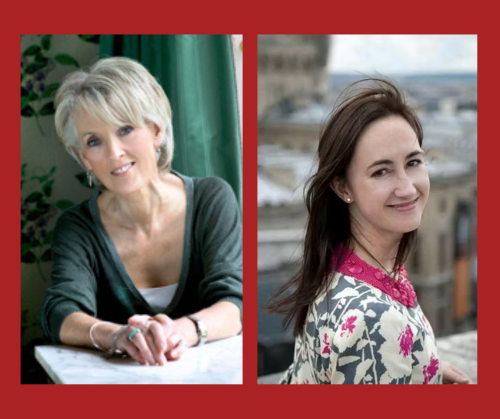Portraits of authors Joanne Trolloppe and Sophie Kinsella on a maroon background.