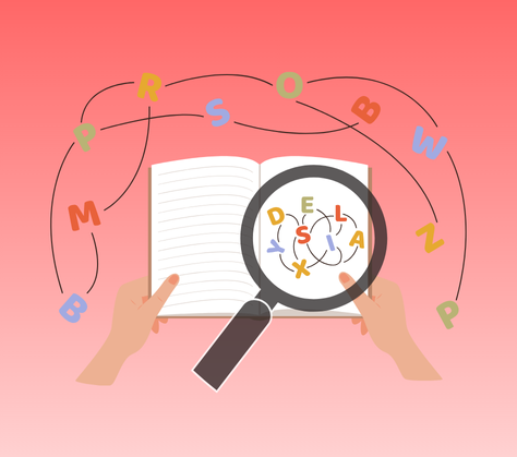 On a gradient red background, a graphic of two hands holding an open book, with letters jumbled on the page and around the book, as well as a magnifying glass on the page.