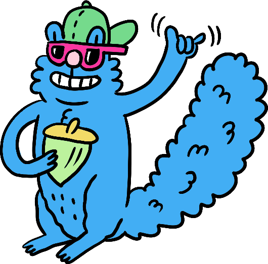 Illustration: blue squirrel wearing pink sunglasses and giving "hang ten" sign 