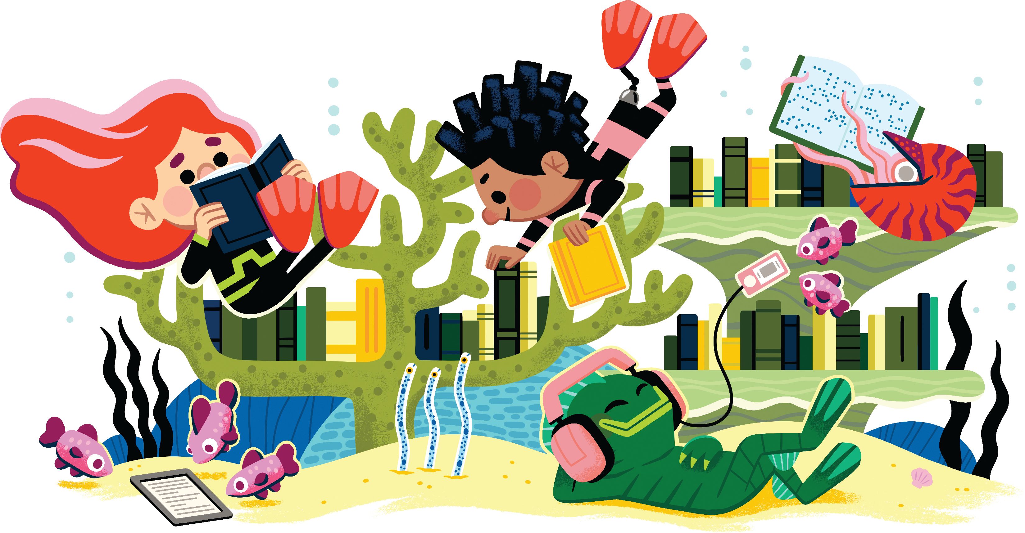 Illustrated underwater scene includes a variety of fish reading books.