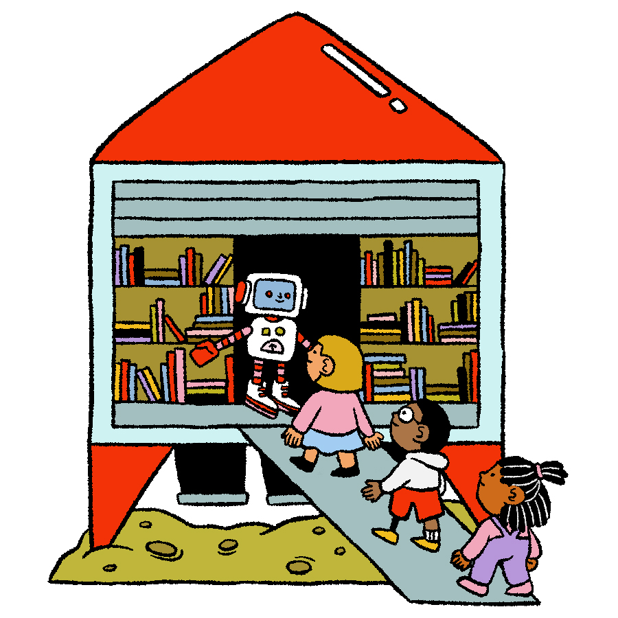 Illustration d'un robot accueillant des enfants dans une bibliothèque sur un vaisseau spatial.