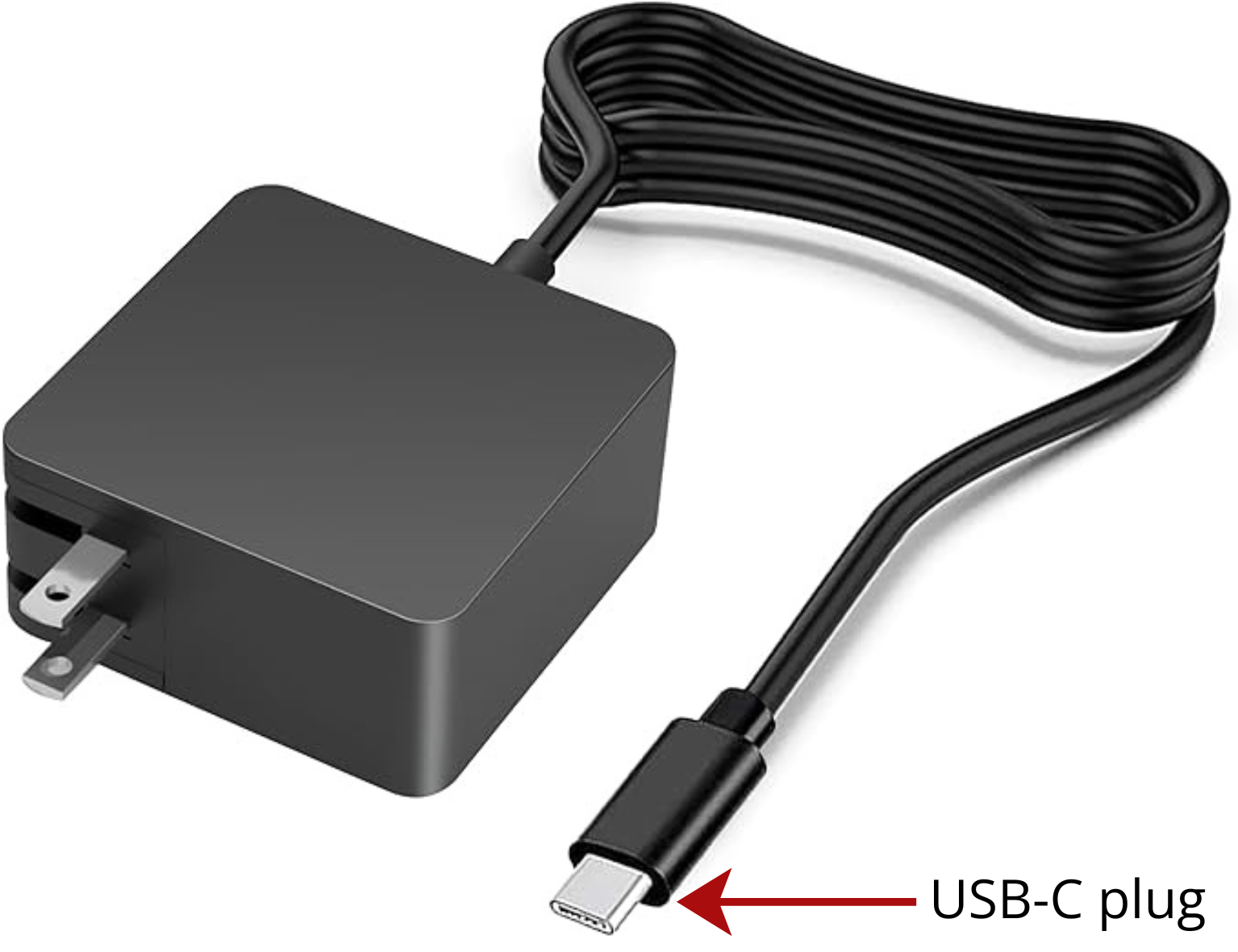 Wall charger that has a built-in Micro-USB cable and plug on the end.
