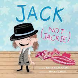 ​​​​Cover image of Jack (not Jackie) shows a young person in a black fedora hat and grey vest. Pink clothes lay on the ground around them. The title Jack (not Jackie) is written in carton block letters on the blue wall behind them. 