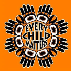 Against an orange background is an illustration of 4 pairs of hands illustrated in traditional Indigenous art style. The hands surround the words Every Child Matters. 