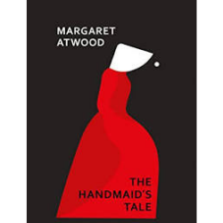 Book Cover of the Handmaid's Tale by Margaret Atwood features a simple illustration of a woman in a long red dress, wearing a red bonnet, against a black background. 