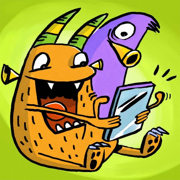 Image Description: Two cartoon monsters, one orange with green horns and one purple with a yellow beak, sit side-by-side looking at a tablet.