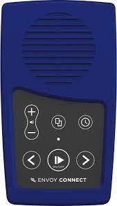 Envoy Connect is a blue hand held device about the size and shape of a deck of cards. On the top is a round speaker and on the bottom are simple buttons and navigation arrows. 