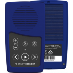 The image shows the face of the Envoy Connect as well as the back. The face has the speaker and six buttons, the back shows the solar charger and technical information about the device. 
