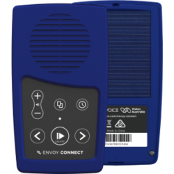 The image shows the face of the Envoy Connect as well as the back. The face has the speaker and six buttons, the back shows the solar charger and technical information about the device.