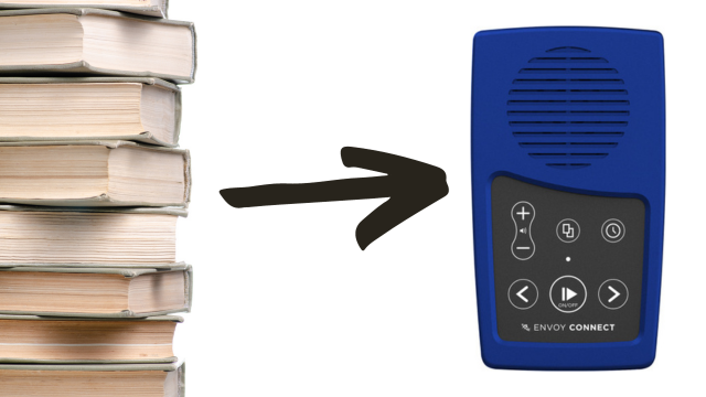 A stack of hardcover books to the left of the frame with a black arrow pointing to an Envoy Connect device. It is a blue and black rectangular device with 6 buttons in the bottom half of the device and the round speaker on the top half.