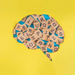A brain containing a jumble of letters appears on a yellow background.