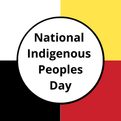 The image background is a quadrant of four colours: white, yellow, red, black. There is a white circle overlaid on top of the colours with the words National Indigenous Peoples Day.l