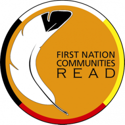 First Nations Community Reads logo of a white feather against a gold background. 