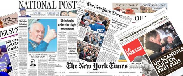 Newspapers in a row, including the National Post, the New York Times, and La Presse