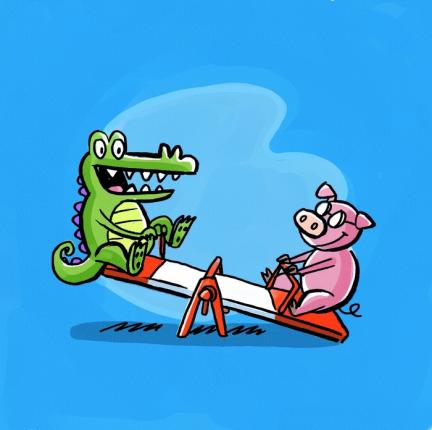 Boy and alligator on see saw